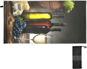 Still-life Bottles Glasses of Red Wine, Cheeses, Grapes, Wood Barrel Quick Drying Beach Towel, Foldable Yoga Towel, Soft Sport Towel, Sweat Absorbent Towel with Storage Mesh Bag 30 x 60 inch (S)