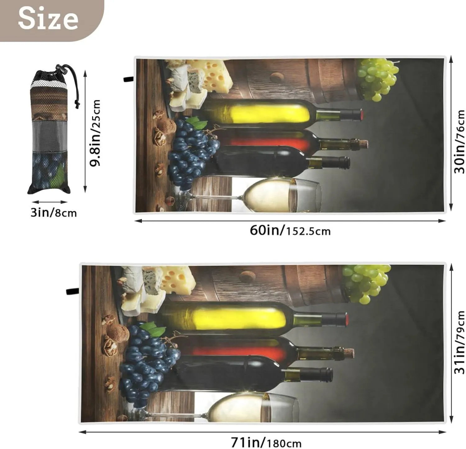 Still-life Bottles Glasses of Red Wine, Cheeses, Grapes, Wood Barrel Quick Drying Beach Towel, Foldable Yoga Towel, Soft Sport Towel, Sweat Absorbent Towel with Storage Mesh Bag 30 x 60 inch (S)