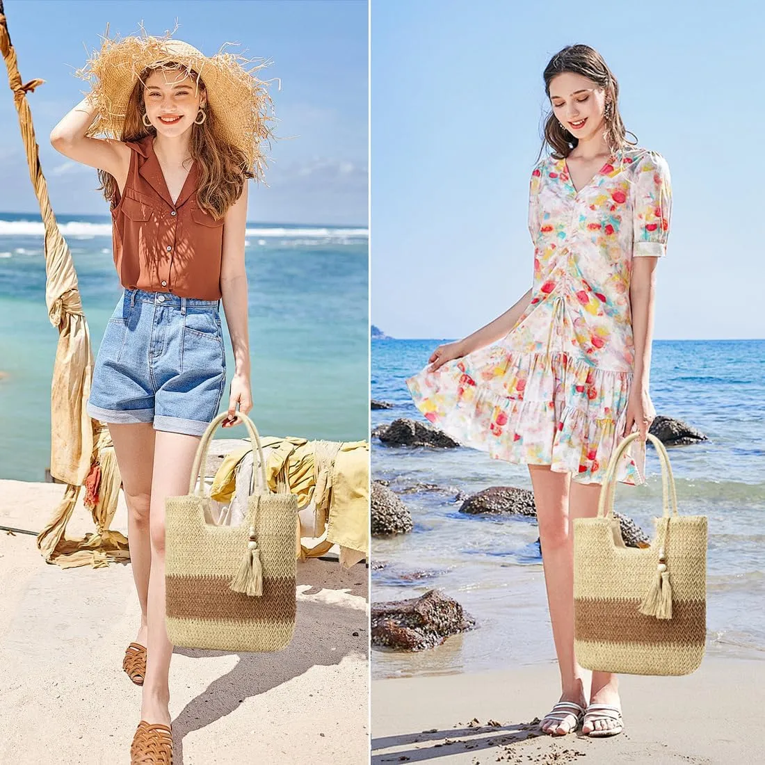Straw Beach Bags for Women Woven Beach Tote Bag Casual Boho Large Shoulder Handbags Purse for Vacation Holiday