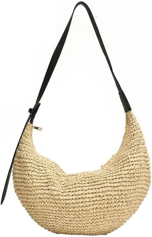 Straw Crossbody Shoulder Bag, Beach Woven Hobo Bags with Adjustable Strap, Large Capacity Straw Crescent Bags