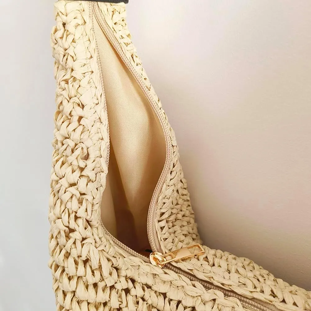 Straw Crossbody Shoulder Bag, Beach Woven Hobo Bags with Adjustable Strap, Large Capacity Straw Crescent Bags