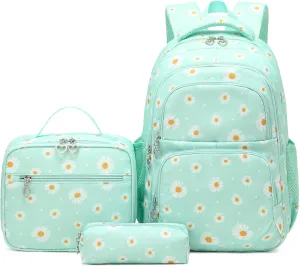 Sugaroom 3Pcs Daisy Prints Backpack for Girls Kids Bookbags set Primary School Backpack Elementary Backpack with Lunch Box and Pencil Case