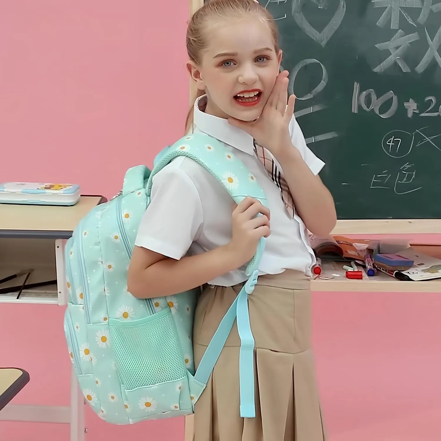 Sugaroom 3Pcs Daisy Prints Backpack for Girls Kids Bookbags set Primary School Backpack Elementary Backpack with Lunch Box and Pencil Case