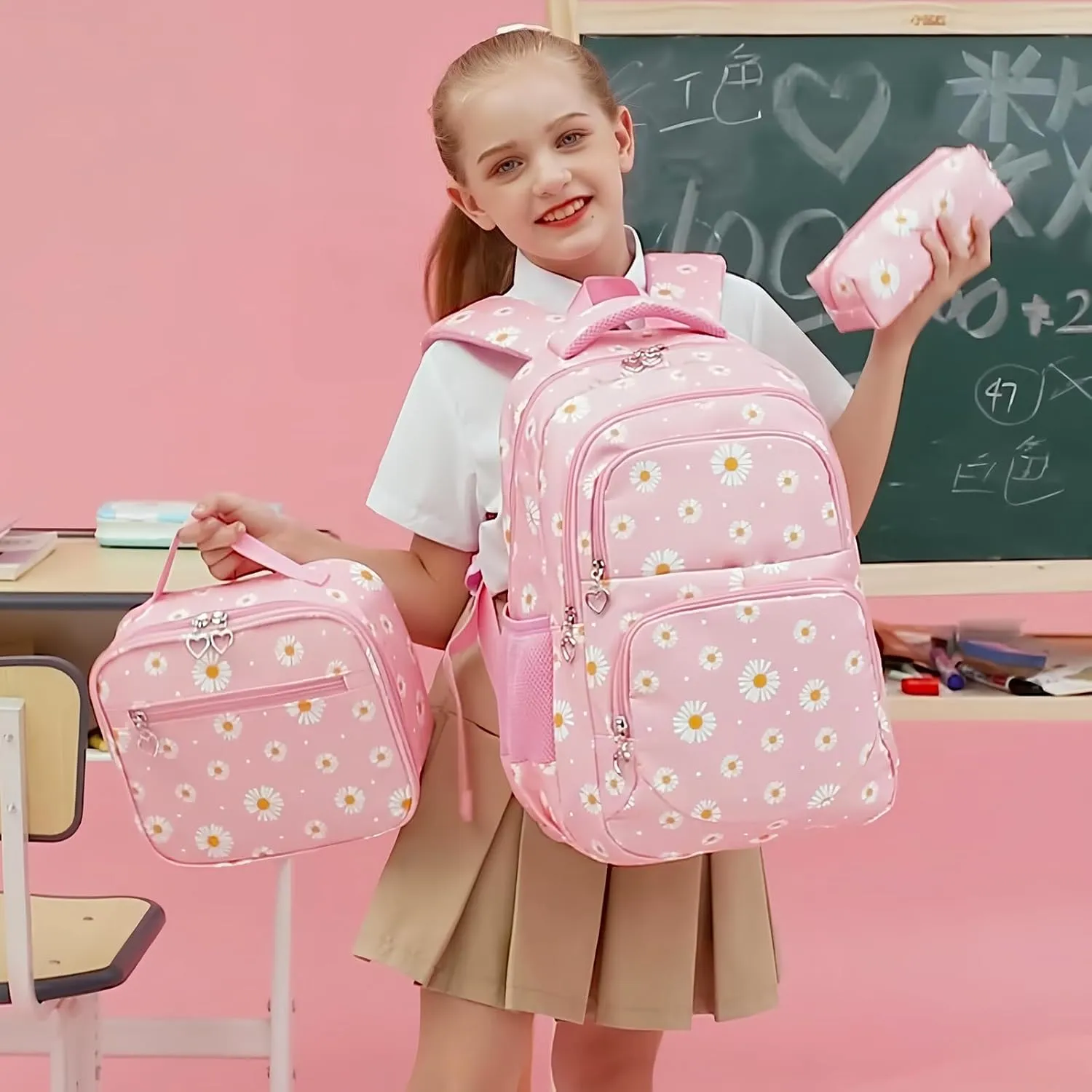 Sugaroom 3Pcs Lightweight Water Resistant Daisy Backpack for Girls Backpack with Lunch Box School Backpack Elementary Primary Kids Bookbags Set