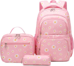 Sugaroom 3Pcs Lightweight Water Resistant Daisy Backpack for Girls Backpack with Lunch Box School Backpack Elementary Primary Kids Bookbags Set