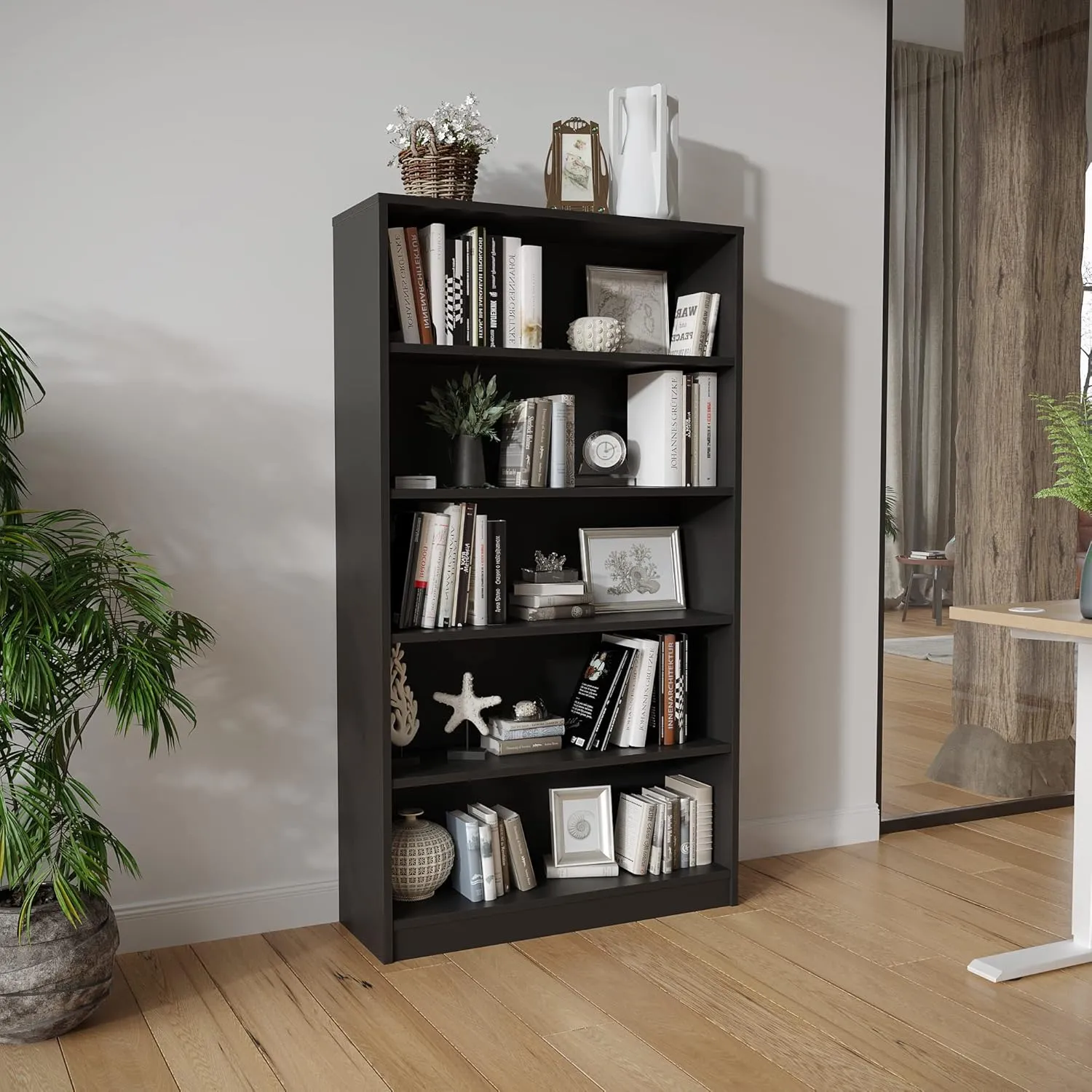 Sunon Wood Bookcase 5-Shelf Freestanding Display Wooden Bookshelf for Home Office School (11.6'' D*33'' W*59.8'' H,Black)