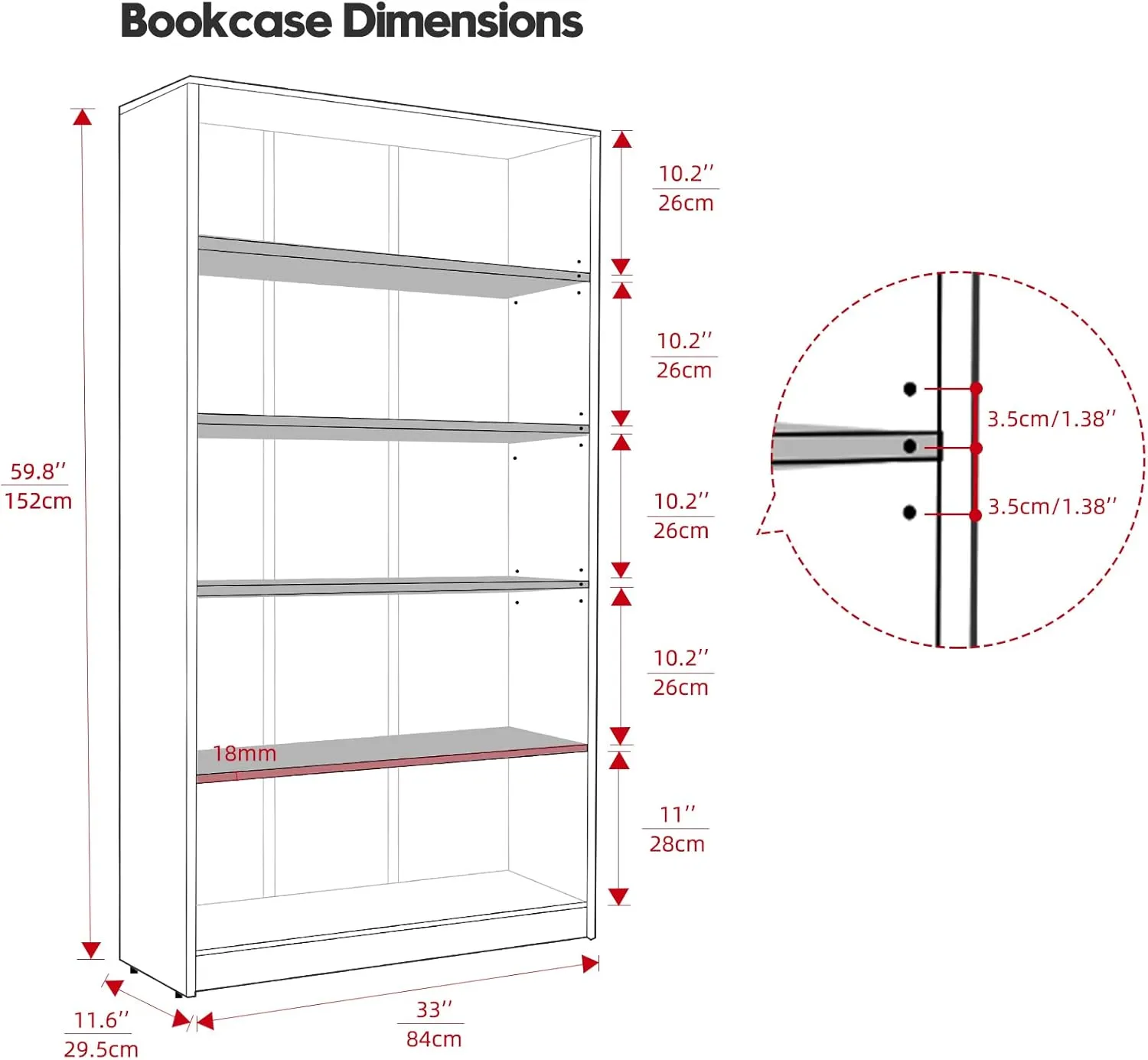 Sunon Wood Bookcase 5-Shelf Freestanding Display Wooden Bookshelf for Home Office School (11.6'' D*33'' W*59.8'' H,Black)