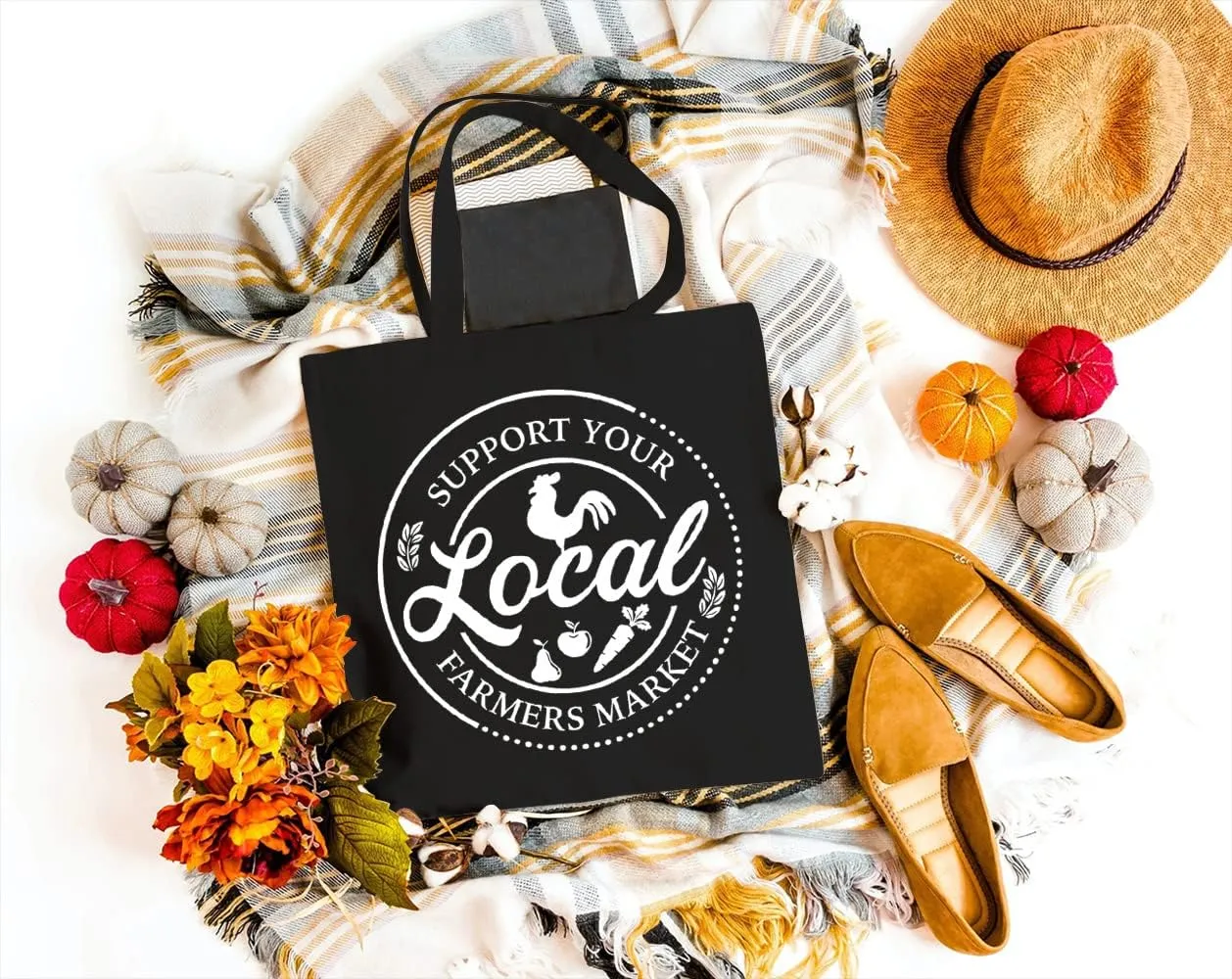 Support Your Local Farmers Market Canvas Tote Bag for Women Aesthetic Reusable Grocery Shoulder Shopping Bags