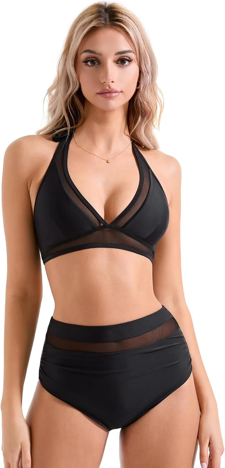 SUUKSESS Women Sexy High Waist Bikini Sets Mesh Tummy Control 2 Piece Swimsuits