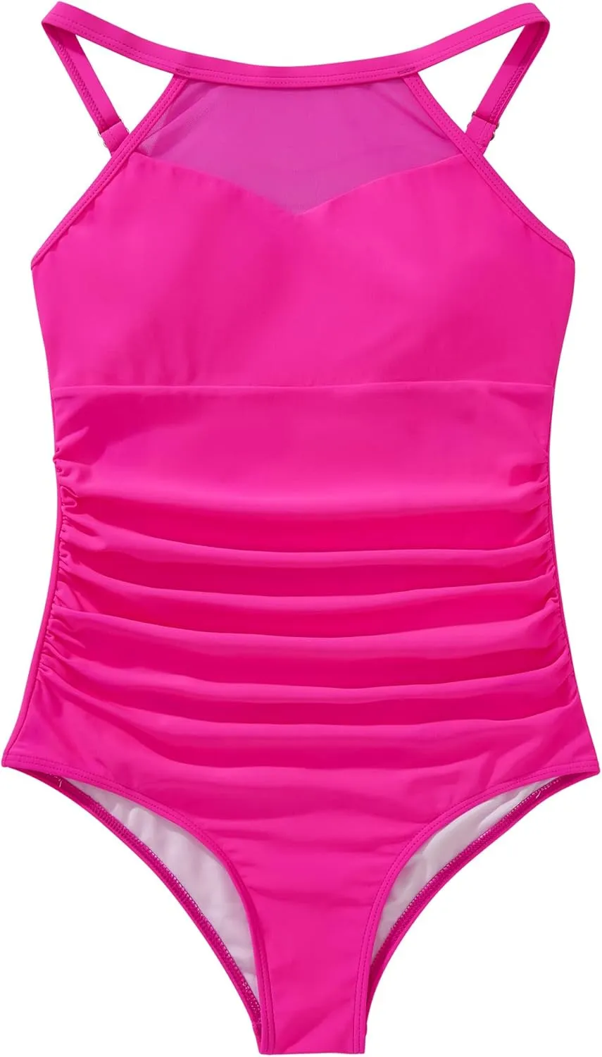 SUUKSESS Women Tummy Control One Piece Swimsuit Sexy Mesh High Neck Bathing Suit