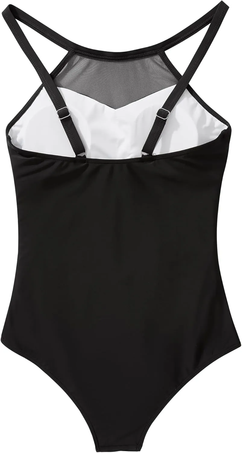 SUUKSESS Women Tummy Control One Piece Swimsuit Sexy Mesh High Neck Bathing Suit