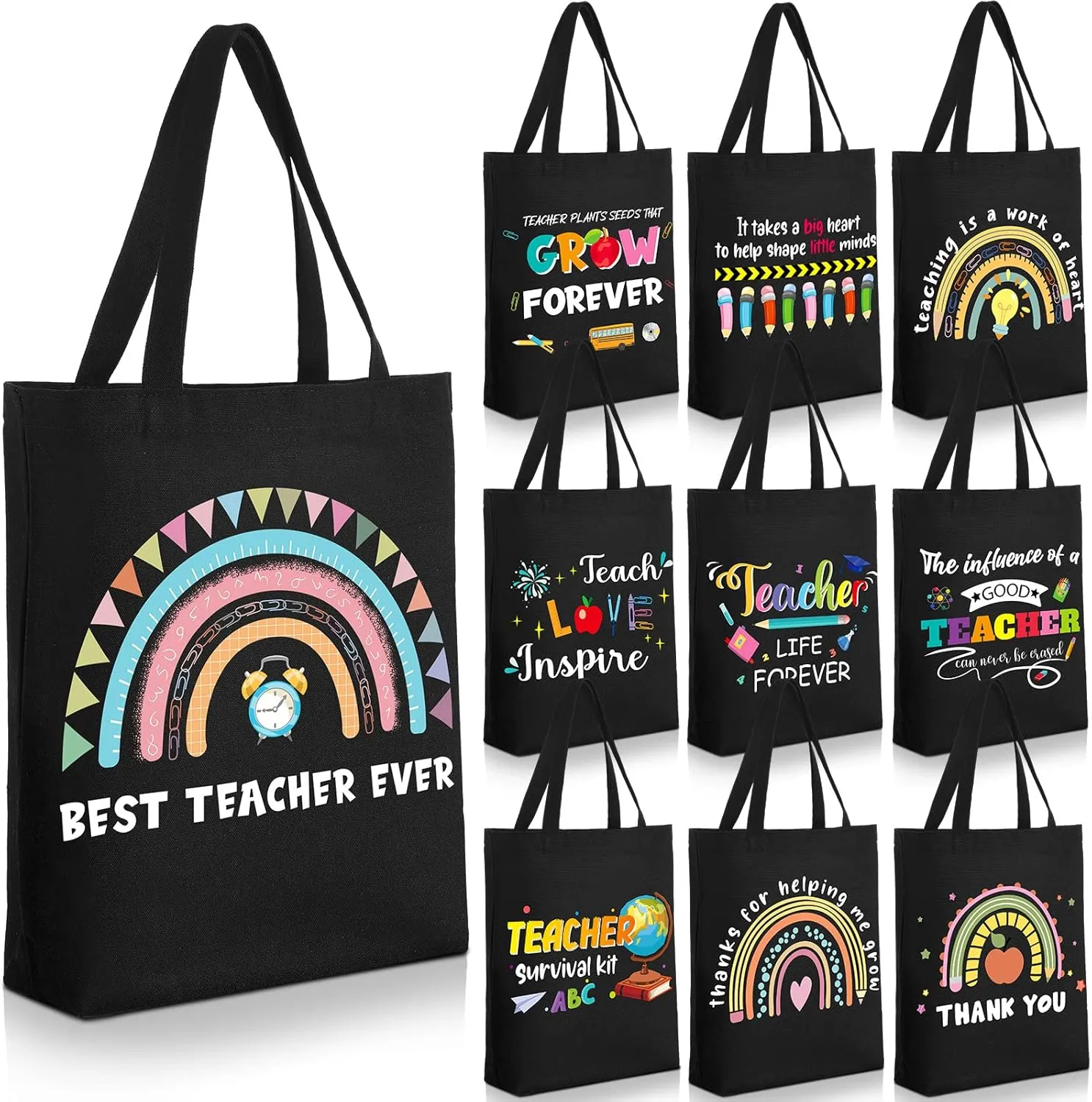 Sweetude 10 Pcs Teacher Appreciation Gift Teacher Canvas Tote Bags for Women Men Teacher Gift Reusable Teacher Tote Bag for Back to School, First Day of School, End of Semester, Retirement Gifts