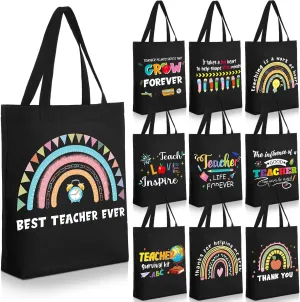 Sweetude 10 Pcs Teacher Appreciation Gift Teacher Canvas Tote Bags for Women Men Teacher Gift Reusable Teacher Tote Bag for Back to School, First Day of School, End of Semester, Retirement Gifts