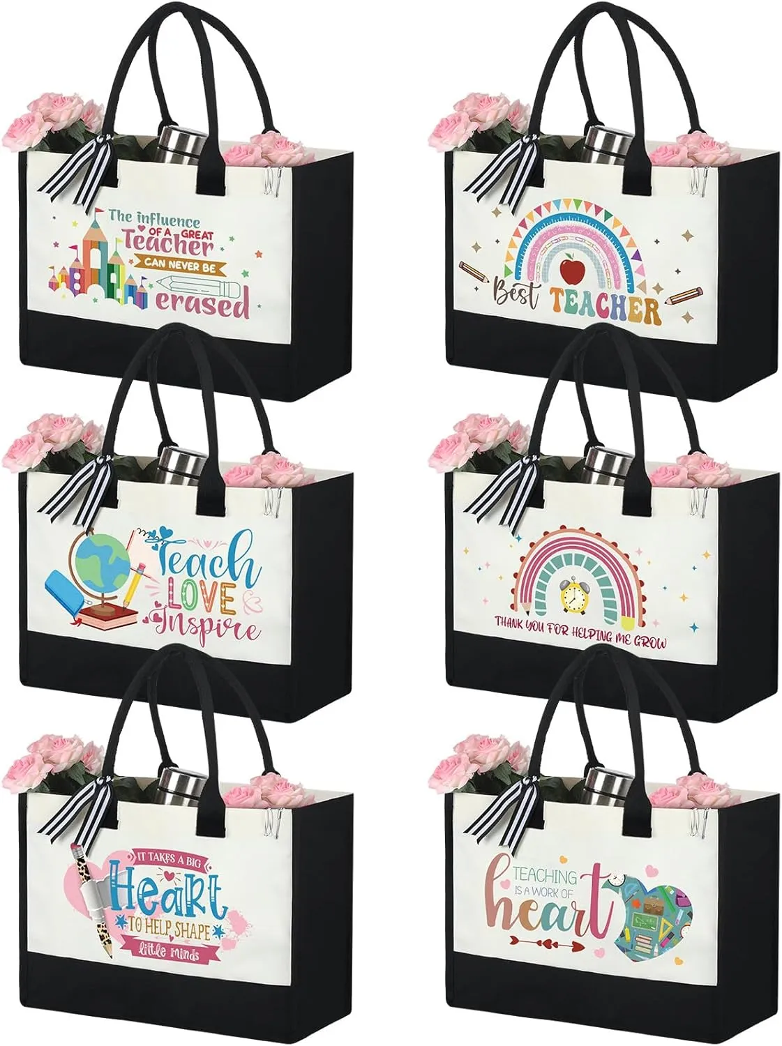 Sweetude 6 Pcs Teacher Tote Bag Bulk Teacher Appreciation Gifts Thank You Canvas Bags for Women Retirement