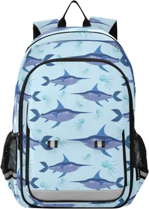 Swordfish and Jellyfish Backpack Lightweight Bookbag Travel Laptop Backpack College School Computer Bag with Reflective Stripes