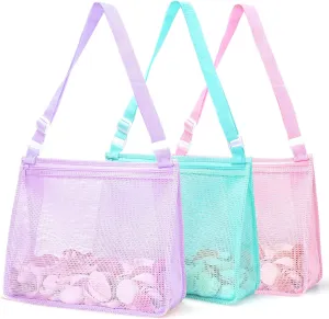 Tagitary Beach Toy Large Mesh Beach Bag with Zipper Sand Toy Seashell Bag for Holding Shells Pool Bag Swimming Accessories for Kids Teens(Only Bags,A Set of 3)