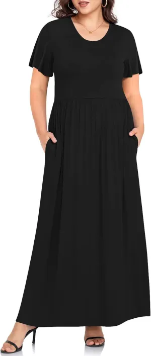 TAOHUADAO Women's Summer Plus Size Dresses Crewneck Ruffle Short Sleeve Casual Maxi Dress with Pockets