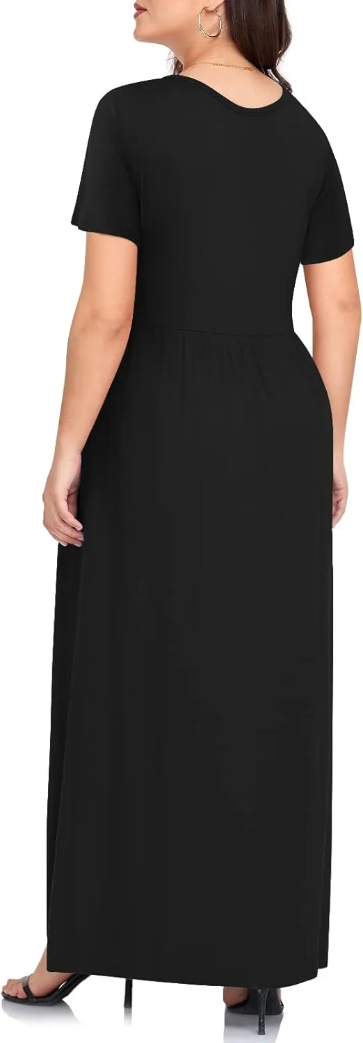 TAOHUADAO Women's Summer Plus Size Dresses Crewneck Ruffle Short Sleeve Casual Maxi Dress with Pockets