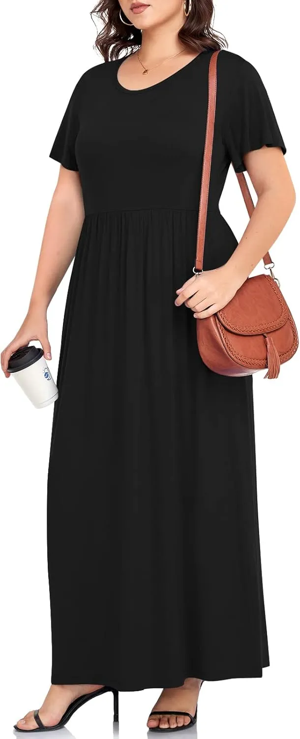 TAOHUADAO Women's Summer Plus Size Dresses Crewneck Ruffle Short Sleeve Casual Maxi Dress with Pockets
