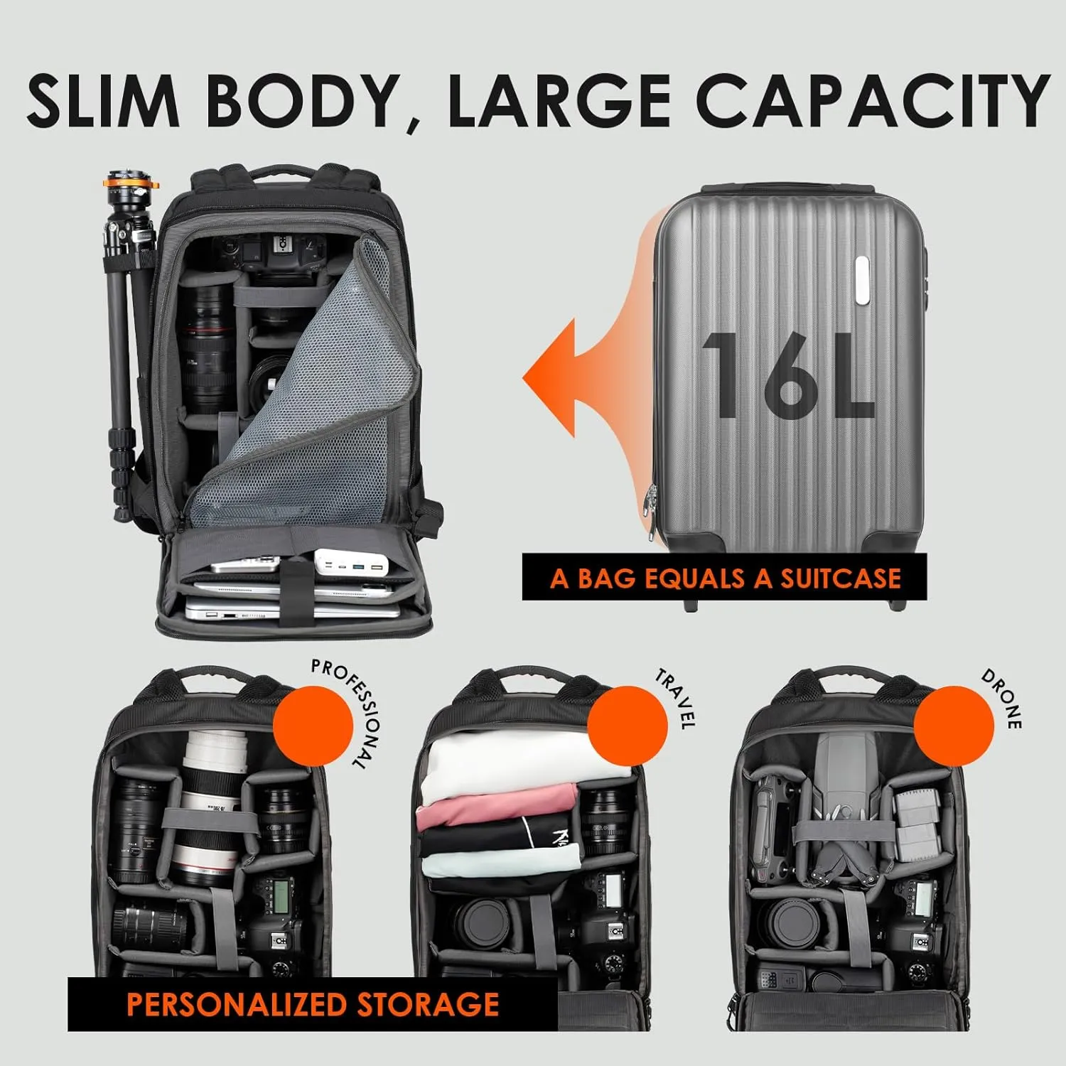 TARION Camera Backpack Waterproof Bag - DSLR Camera Bag with 15.6in Laptop Compartment Rain Cover, Professional Travel Photography Backpack for Photographers, SLR, Camera Lens, TR-XL, Black