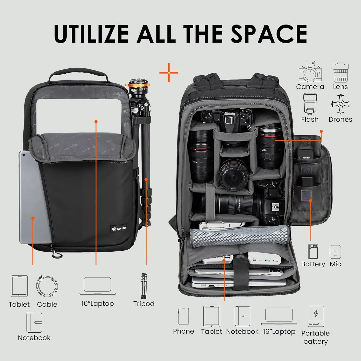 TARION Camera Backpack Waterproof Bag - DSLR Camera Bag with 15.6in Laptop Compartment Rain Cover, Professional Travel Photography Backpack for Photographers, SLR, Camera Lens, TR-XL, Black