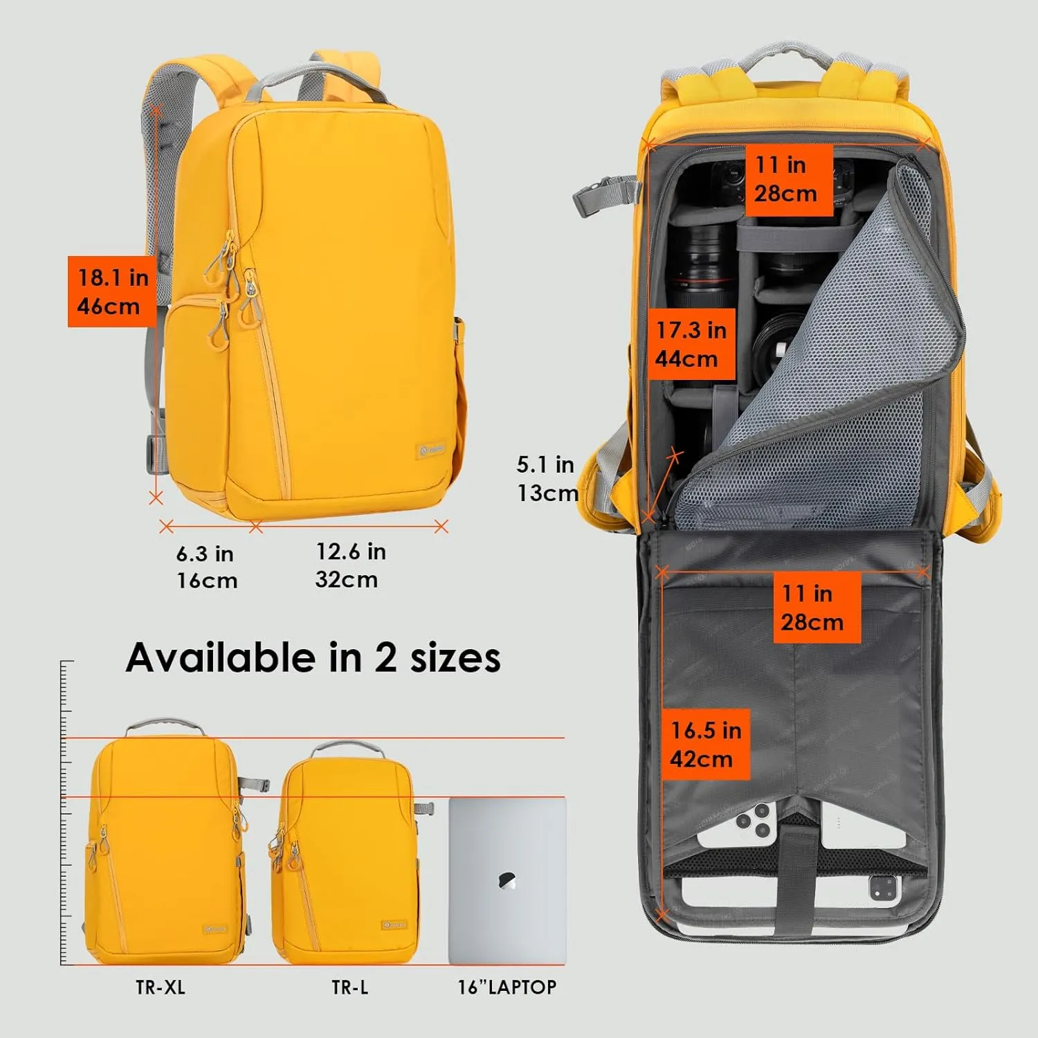 TARION Camera Backpack - Waterproof DSLR Bag with 15.6in Laptop Compartment, Rain Cover, Professional Travel Photography Backpack for Photographers, SLR, Camera Lens, TR-XL, Yellow