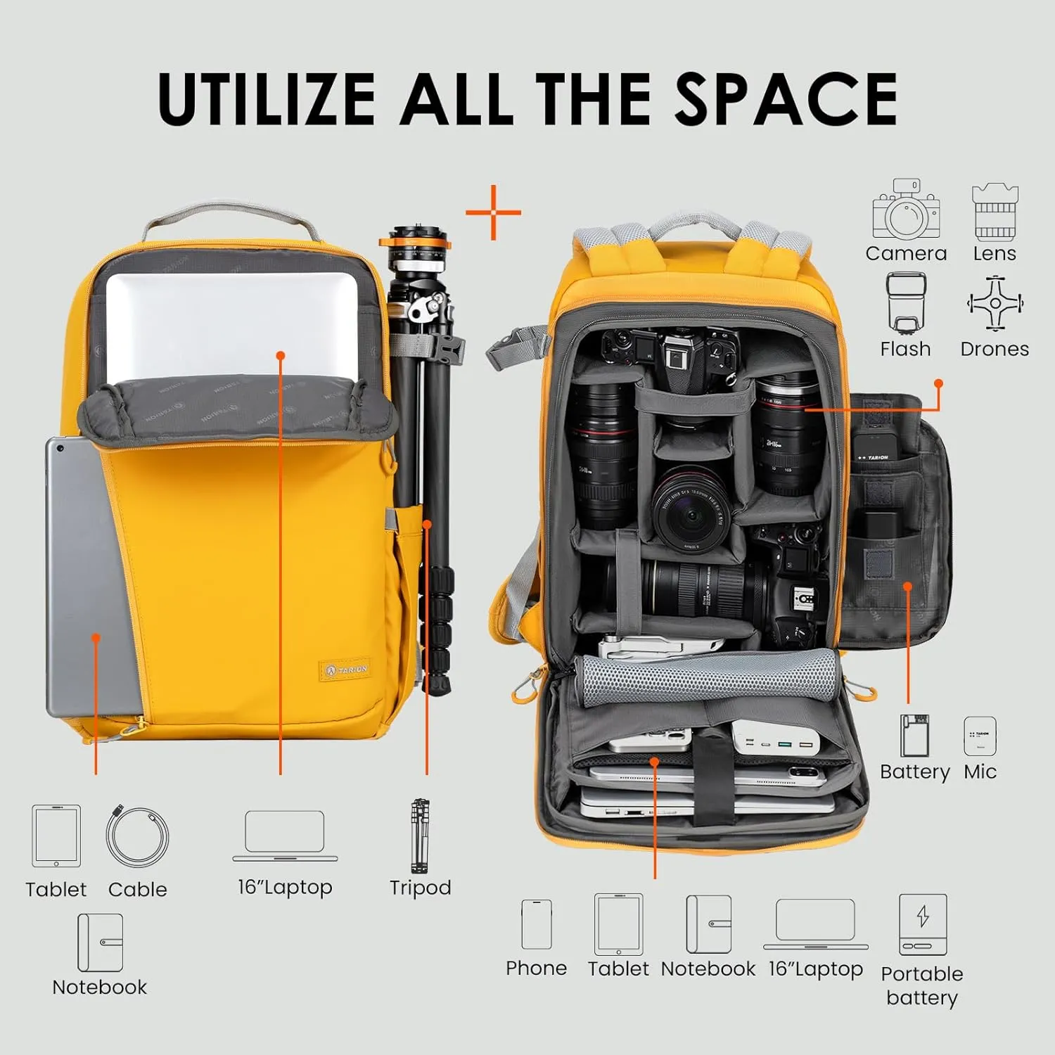 TARION Camera Backpack - Waterproof DSLR Bag with 15.6in Laptop Compartment, Rain Cover, Professional Travel Photography Backpack for Photographers, SLR, Camera Lens, TR-XL, Yellow