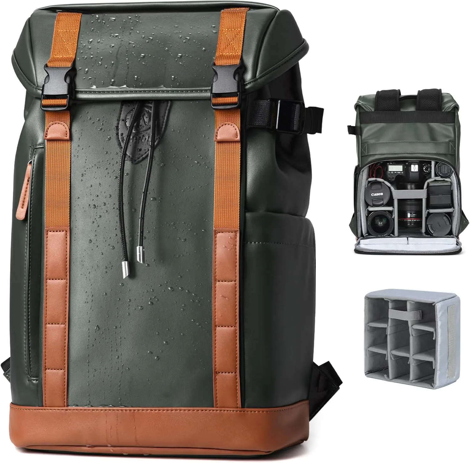 TARION Waterproof Camera Backpack Bag - Eco-friendly Leather Camera Bag with 13" Laptop Sleeve Removable Insert, Safe Back &Top Access, Modern Camera Backpack for Photographer Stylish Venizia Green