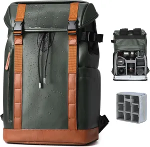 TARION Waterproof Camera Backpack Bag - Eco-friendly Leather Camera Bag with 13" Laptop Sleeve Removable Insert, Safe Back &Top Access, Modern Camera Backpack for Photographer Stylish Venizia Green