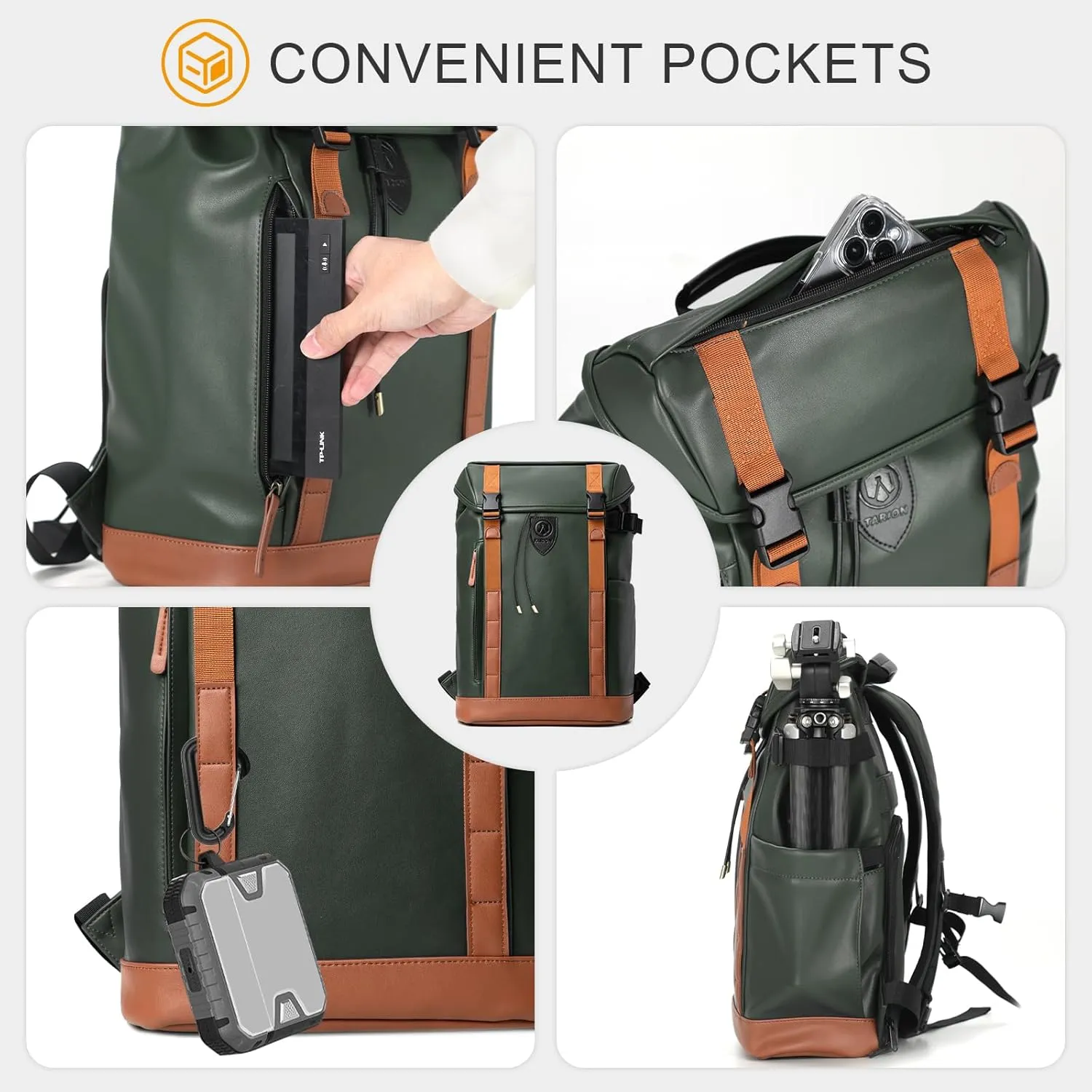 TARION Waterproof Camera Backpack Bag - Eco-friendly Leather Camera Bag with 13" Laptop Sleeve Removable Insert, Safe Back &Top Access, Modern Camera Backpack for Photographer Stylish Venizia Green