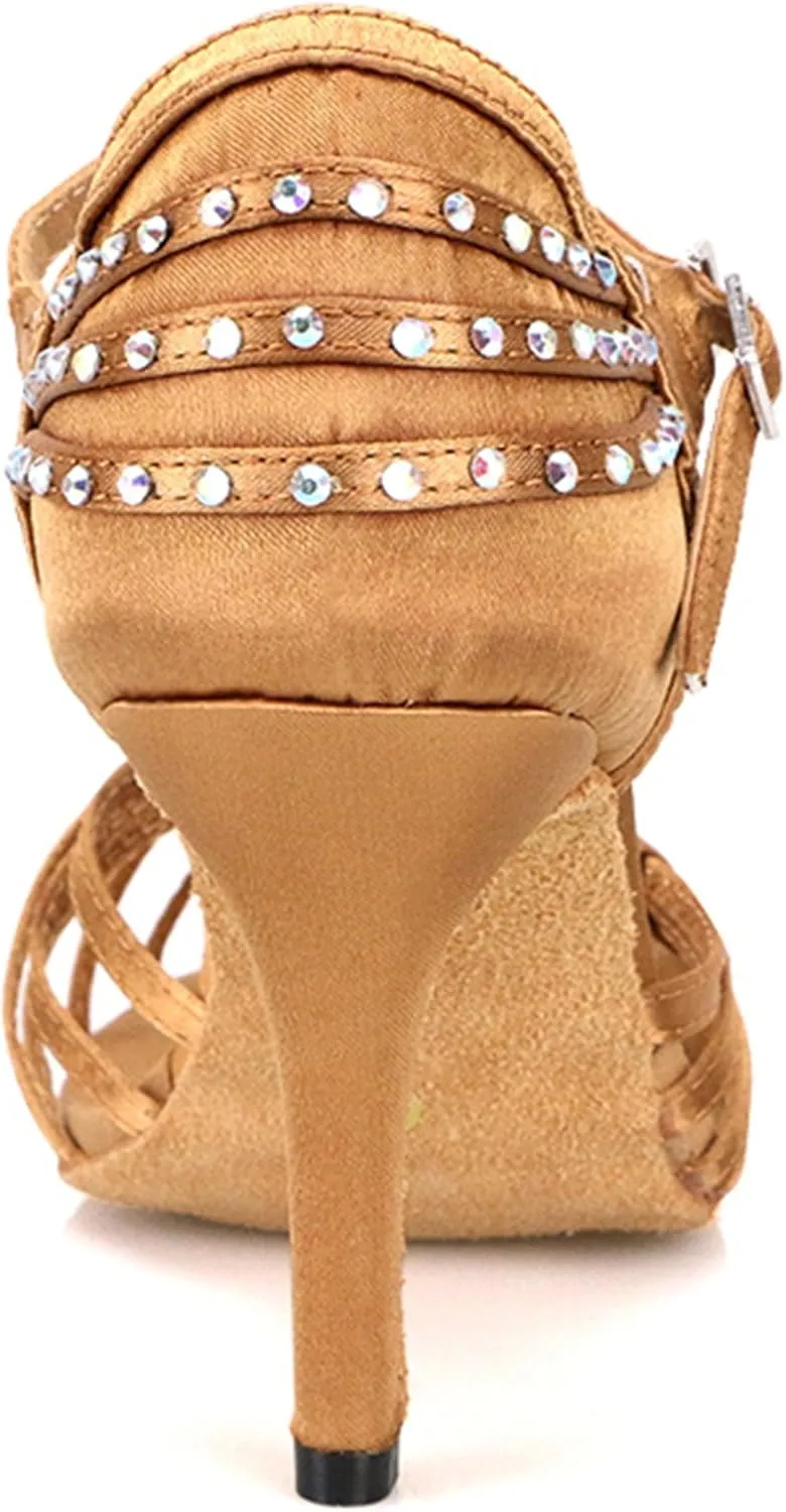 TDA Women's Single Strap Stiletto High Heel Cut-out Crystals Satin Salsa Tango Samba Modern Latin Dance Shoes