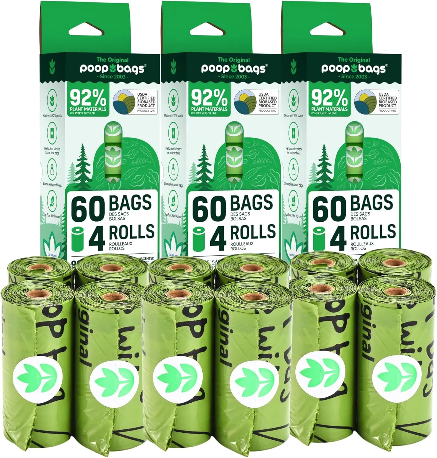 The Original Poop Bags® 92% Plant-Based Dog Waste Bags, Unscented, Leakproof & Extra-Thick, 180 Bags (12 Leash Rolls)