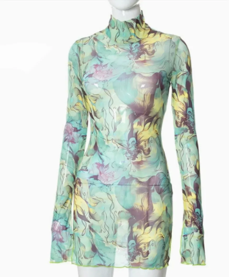 Tie-dye Floral Print Mesh Micro Mini Dress