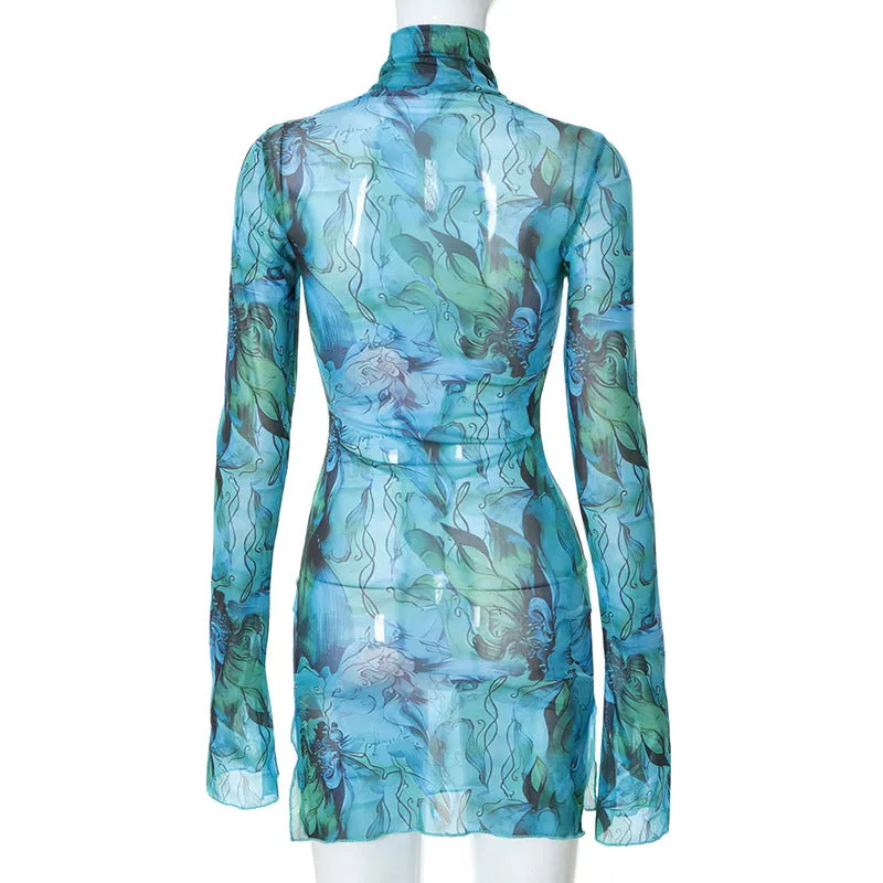 Tie-dye Floral Print Mesh Micro Mini Dress