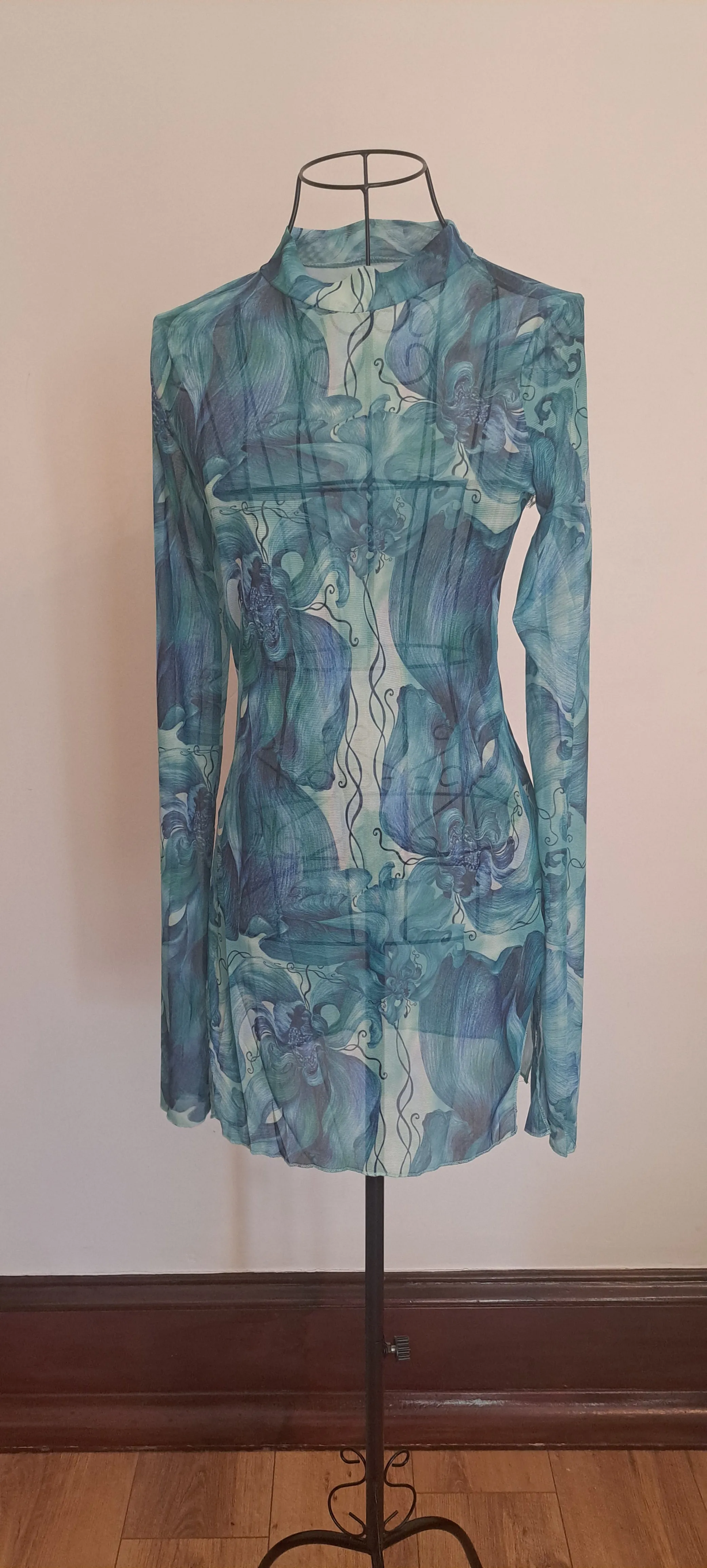 Tie-dye Floral Print Mesh Micro Mini Dress