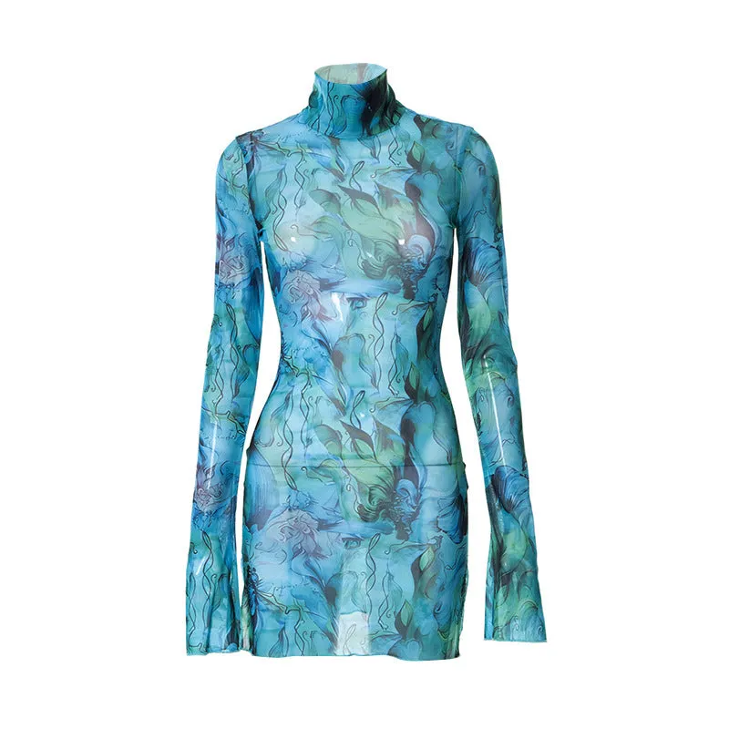 Tie-dye Floral Print Mesh Micro Mini Dress
