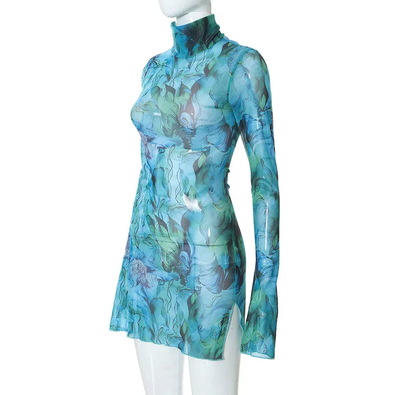 Tie-dye Floral Print Mesh Micro Mini Dress