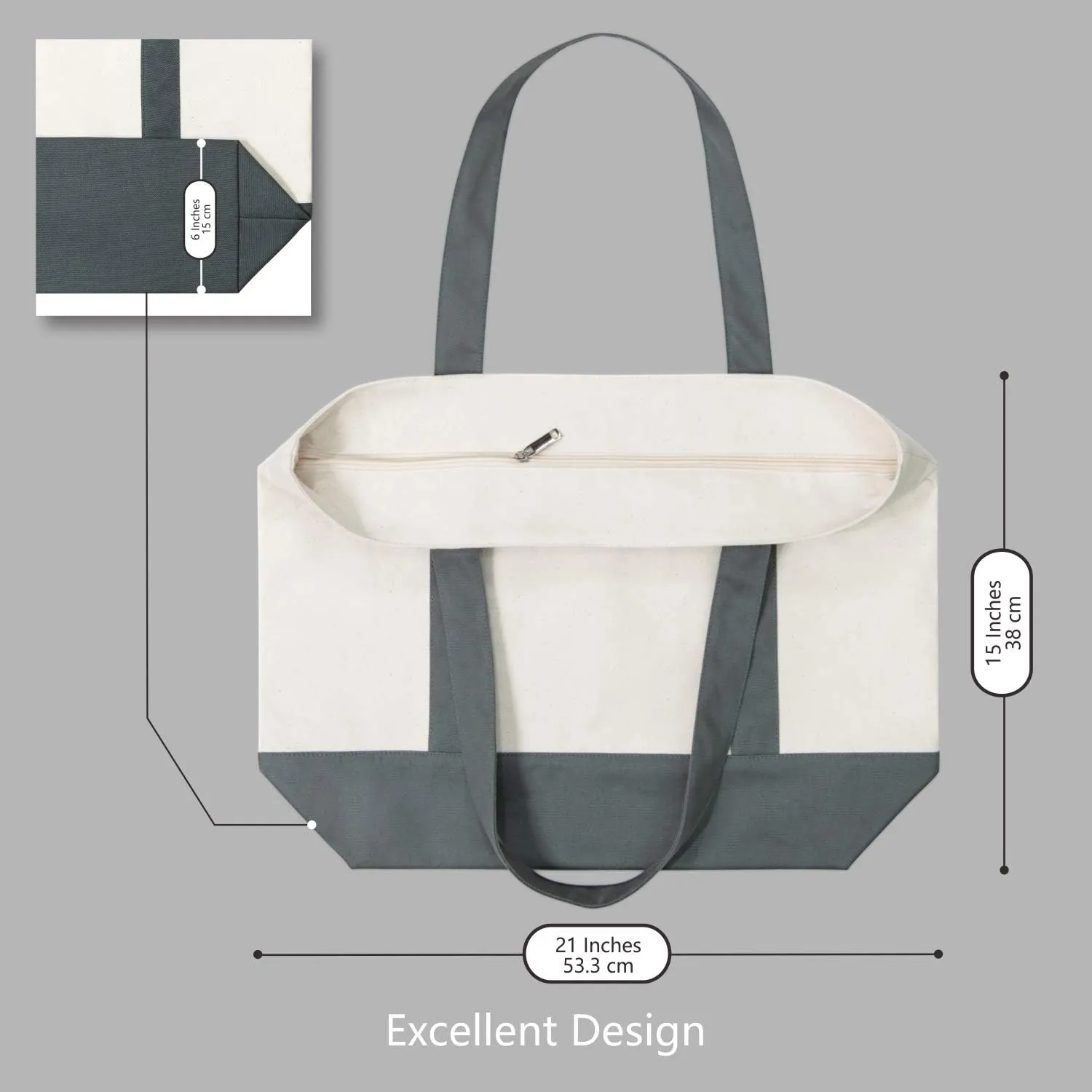 TOPDesign 1-Pack Canvas Tote Bag with an External Pocket, Reusable Grocery Shopping Bag, Top Zipper Closure, Daily Essentials (Grey/Natural)