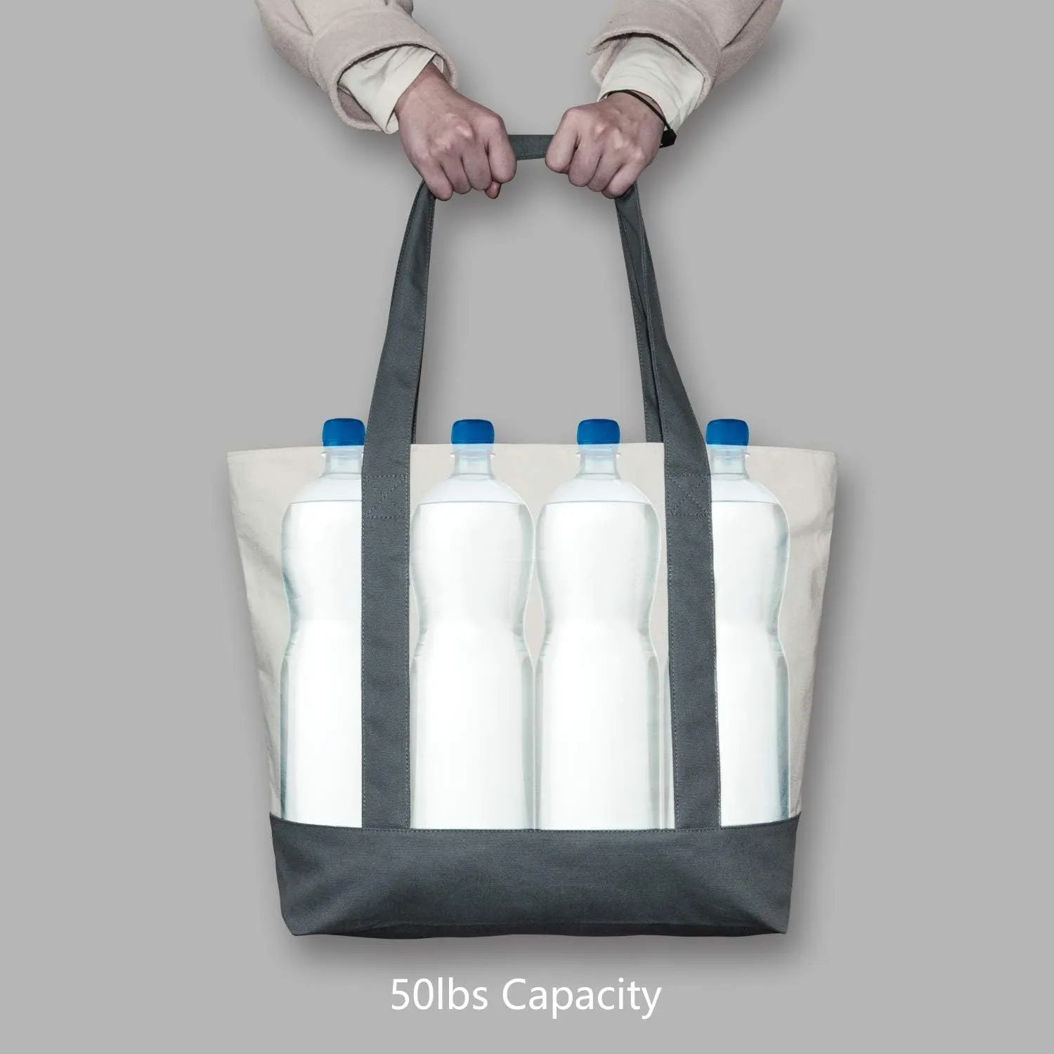 TOPDesign 1-Pack Canvas Tote Bag with an External Pocket, Reusable Grocery Shopping Bag, Top Zipper Closure, Daily Essentials (Grey/Natural)