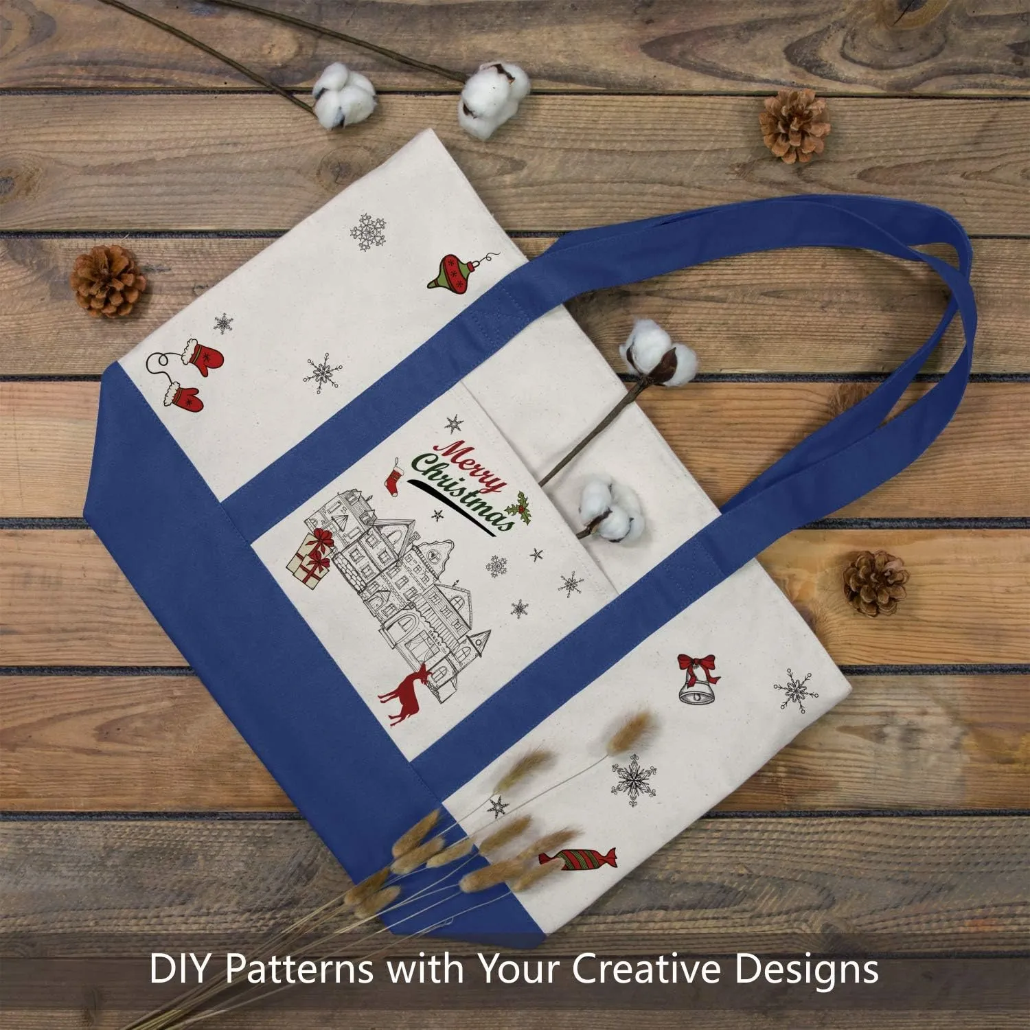 TOPDesign 3-Pack Canvas Tote Bags with an External Pocket, Reusable Grocery Shopping Bags, Top Zipper Closure, Daily Essentials (Blue/Natural)