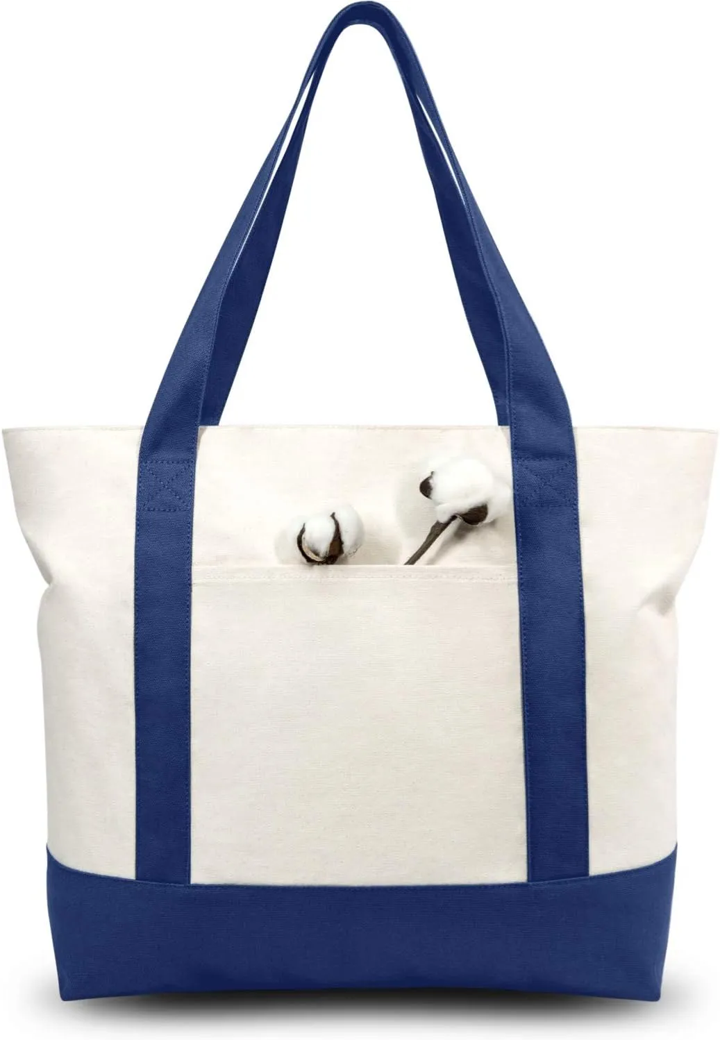TOPDesign 3-Pack Canvas Tote Bags with an External Pocket, Reusable Grocery Shopping Bags, Top Zipper Closure, Daily Essentials (Blue/Natural)