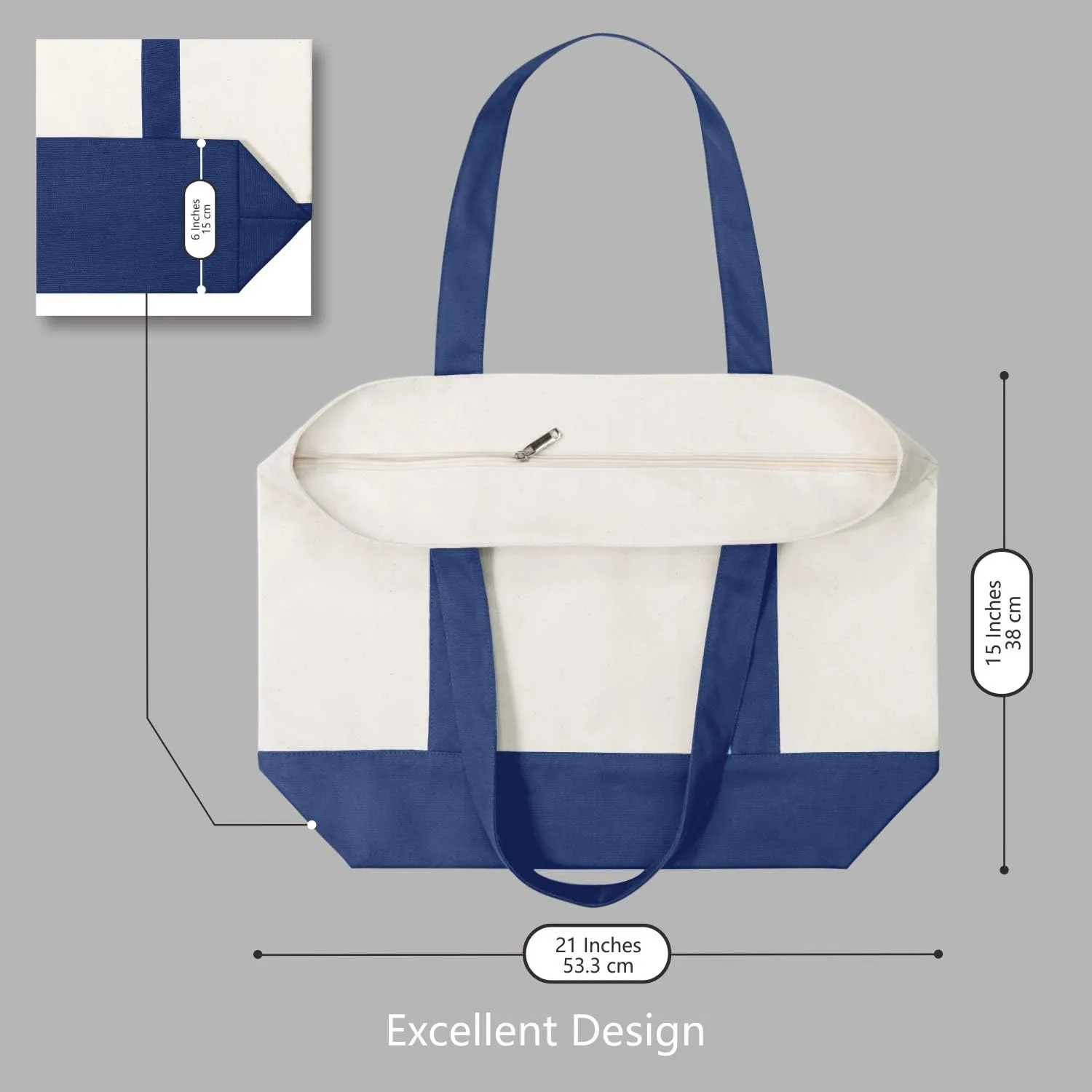 TOPDesign 3-Pack Canvas Tote Bags with an External Pocket, Reusable Grocery Shopping Bags, Top Zipper Closure, Daily Essentials (Blue/Natural)