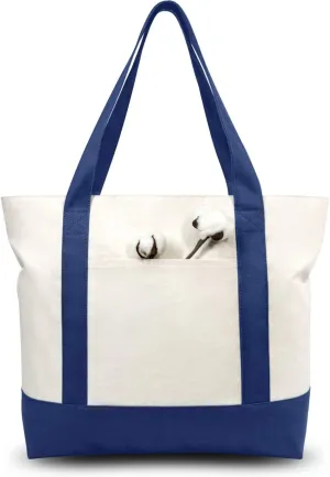 TOPDesign 3-Pack Canvas Tote Bags with an External Pocket, Reusable Grocery Shopping Bags, Top Zipper Closure, Daily Essentials (Blue/Natural)