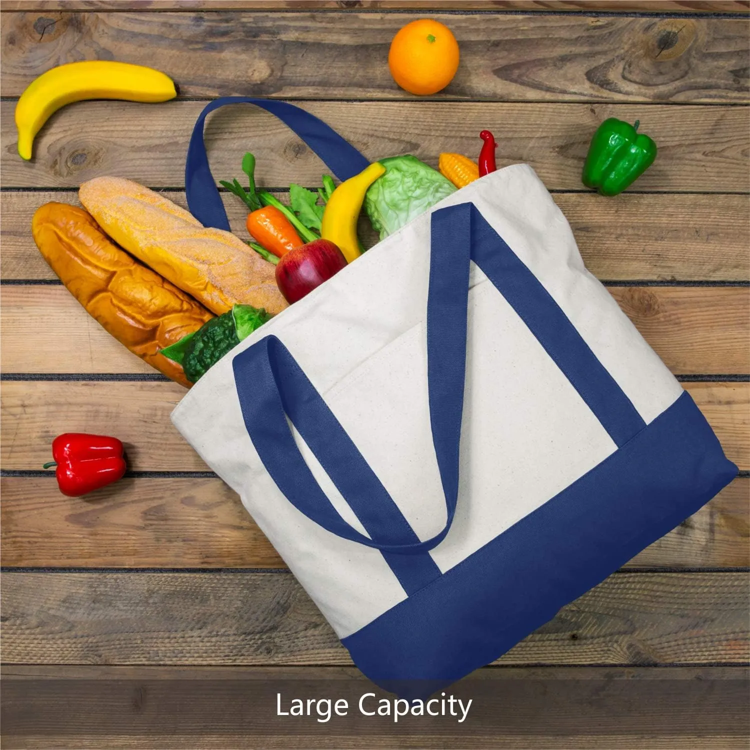 TOPDesign 3-Pack Canvas Tote Bags with an External Pocket, Reusable Grocery Shopping Bags, Top Zipper Closure, Daily Essentials (Blue/Natural)