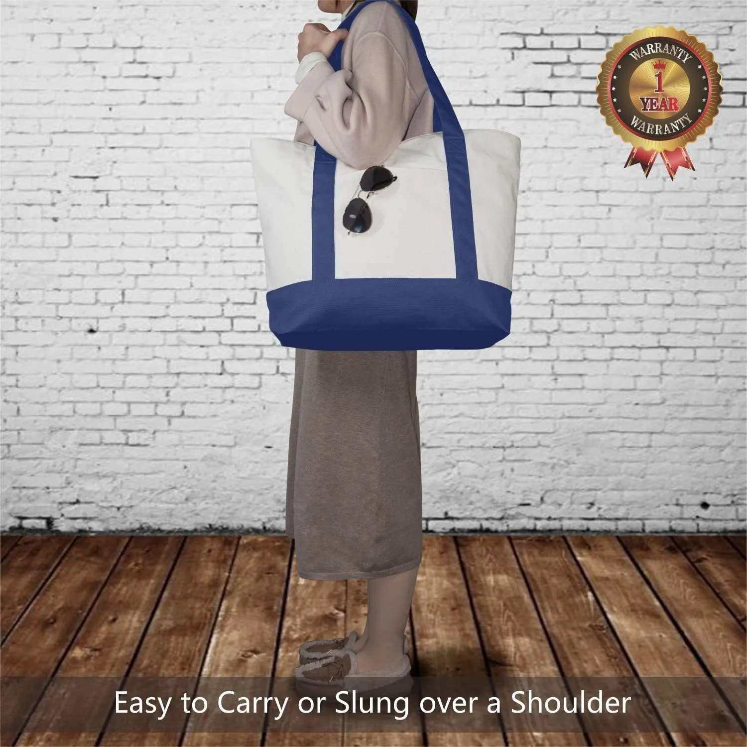 TOPDesign 3-Pack Canvas Tote Bags with an External Pocket, Reusable Grocery Shopping Bags, Top Zipper Closure, Daily Essentials (Blue/Natural)