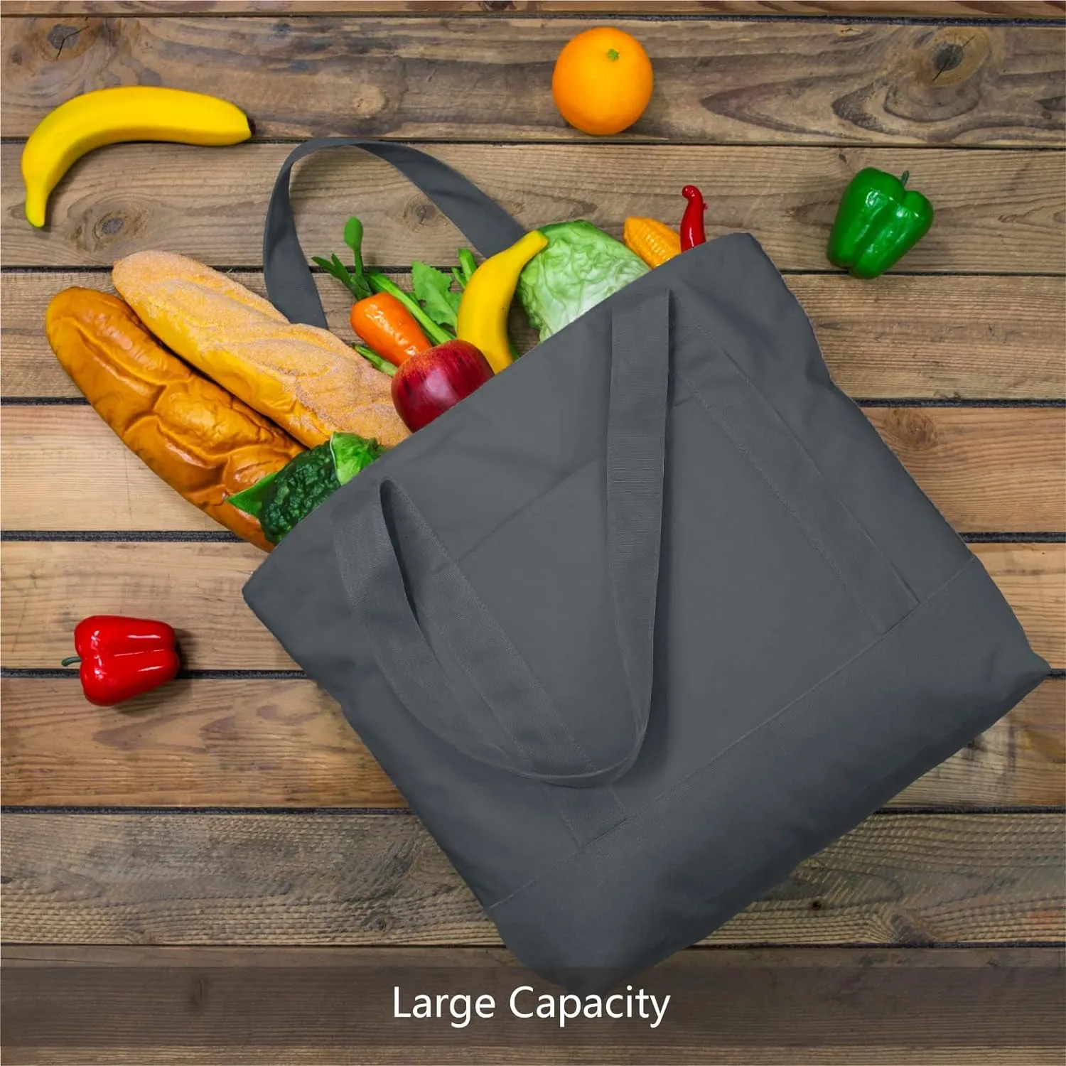 TOPDesign 3-Pack Canvas Tote Bags with an External Pocket, Reusable Grocery Shopping Bags, Top Zipper Closure, Daily Essentials (Grey)