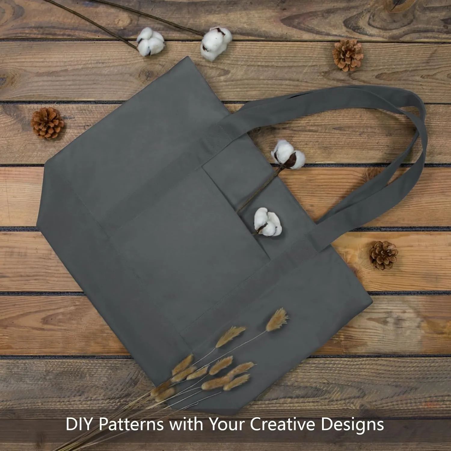 TOPDesign 3-Pack Canvas Tote Bags with an External Pocket, Reusable Grocery Shopping Bags, Top Zipper Closure, Daily Essentials (Grey)