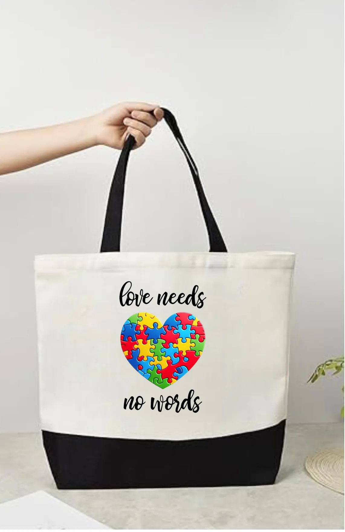 Tote Bag-Cause-Love Needs No Words Heart Puzzle