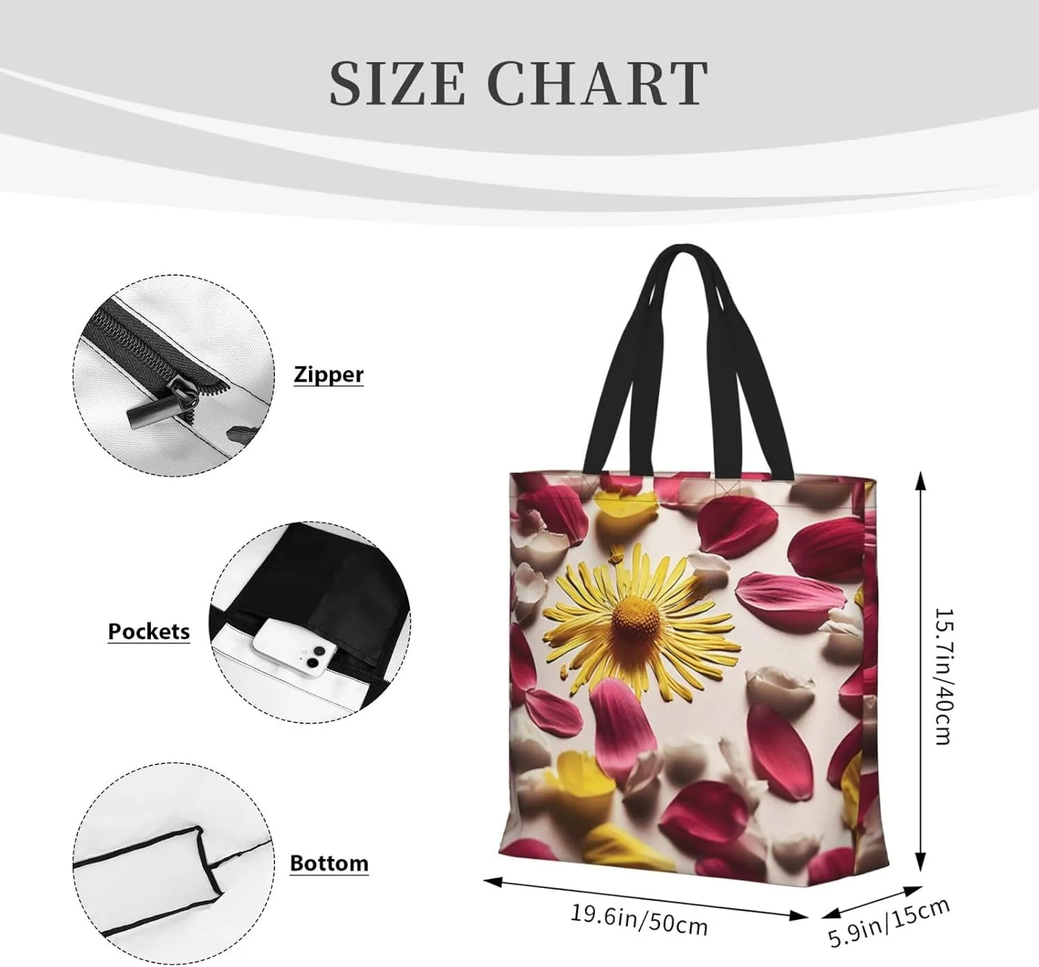 Tote Bag for Women Flower watercolor Shoulder Bag with Zipper Handbag Large Capacity Reusable Grocery Bag