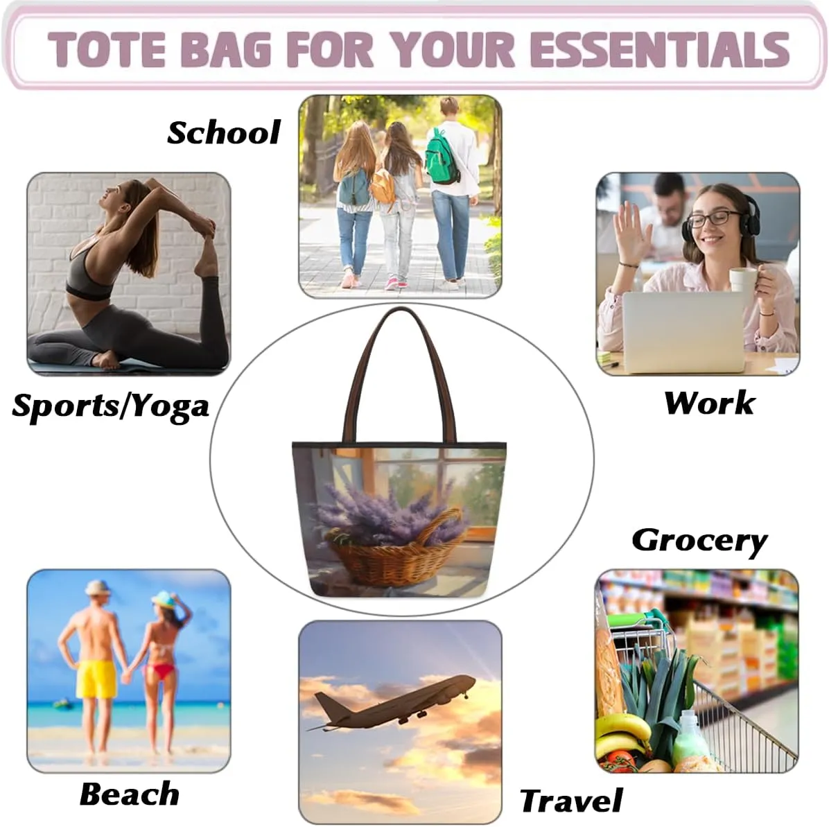 Tote Bag for Women with Zipper Large Capacity Top Handle Casual Shoulder Bag Handbag Reusable Shopping